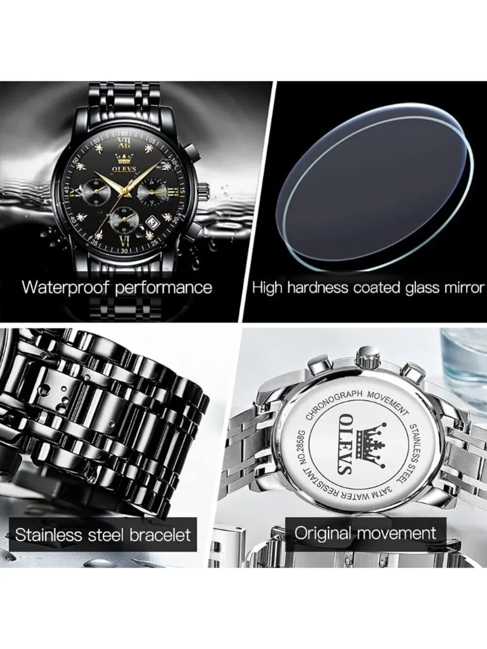Olevs Men's All Black Multifunction Waterproof Luminous Chronograph Wrist Watch